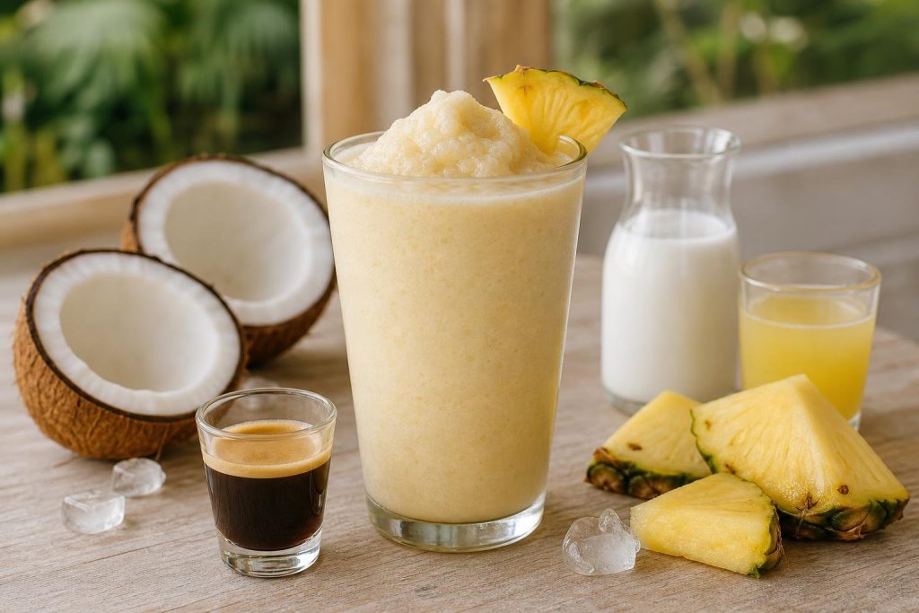Glass of frozen coconut and pineapple latte with pineapple wedge garnish and frothy icy texture