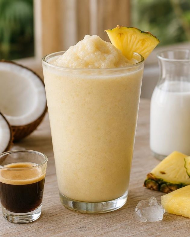 Glass of frozen coconut and pineapple latte with pineapple wedge garnish and frothy icy texture