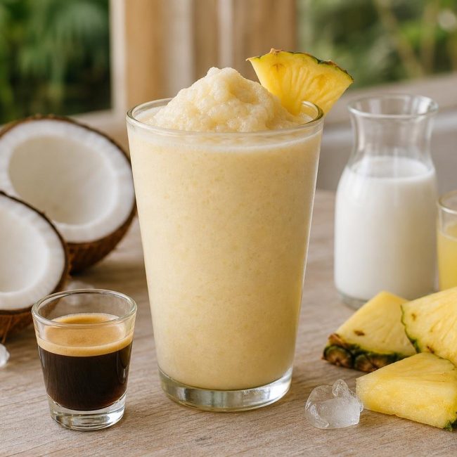 Glass of frozen coconut and pineapple latte with pineapple wedge garnish and frothy icy texture
