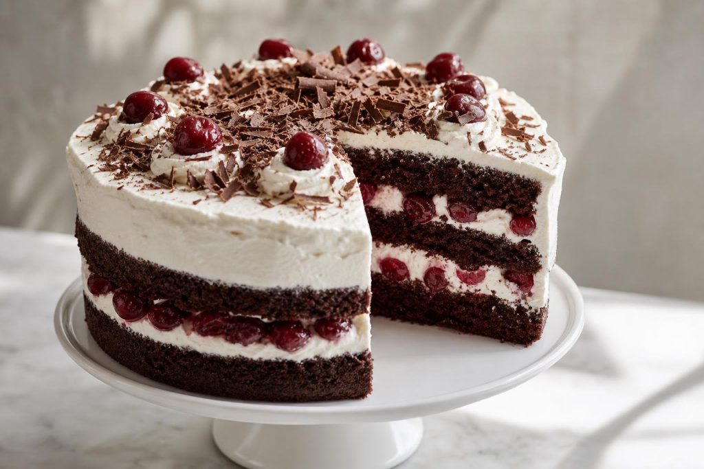 Sliced German Black Forest Cake with layers of chocolate cake, whipped cream, and cherries topped with dark chocolate shavings