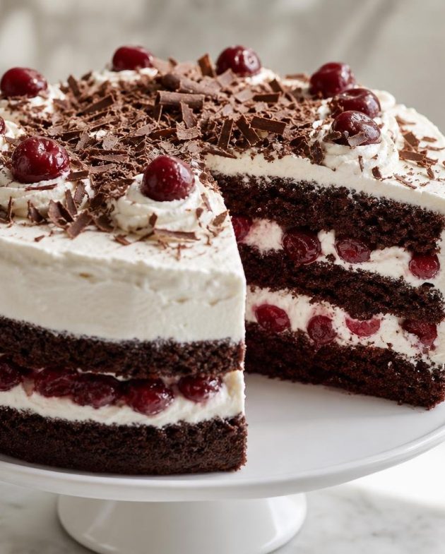 Sliced German Black Forest Cake with layers of chocolate cake, whipped cream, and cherries topped with dark chocolate shavings