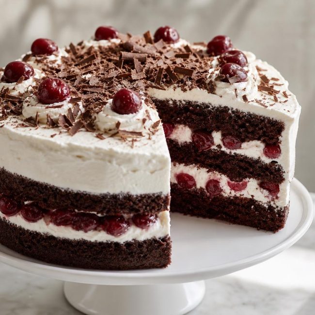 Sliced German Black Forest Cake with layers of chocolate cake, whipped cream, and cherries topped with dark chocolate shavings