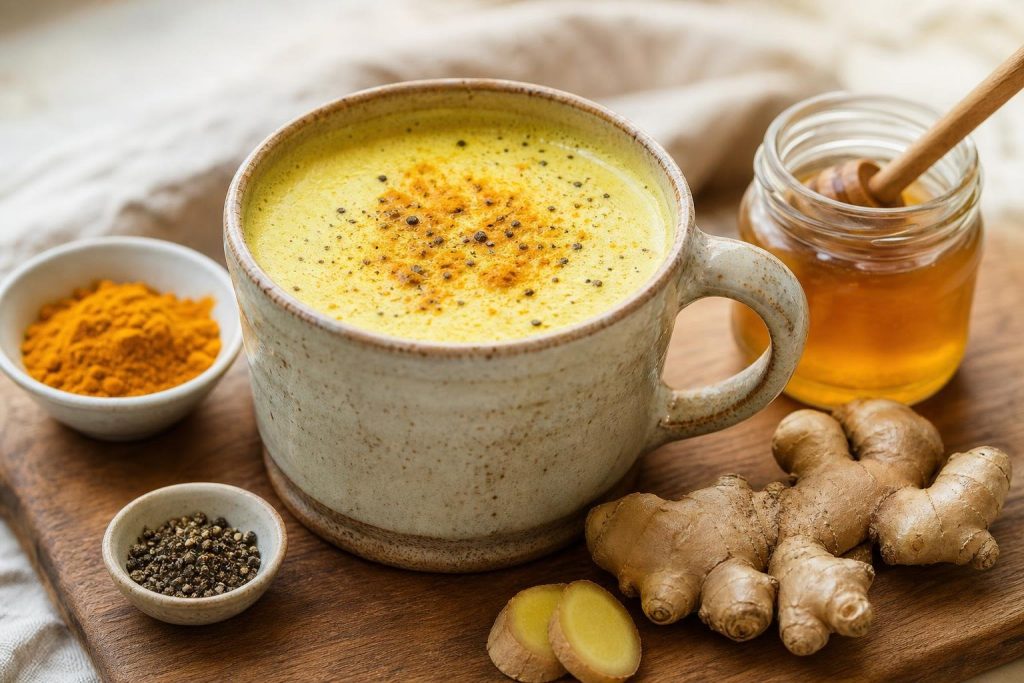 A warm cup of ginger turmeric golden milk latte with a sprinkle of turmeric on top, displayed with fresh ginger and honey on a wooden surface.
