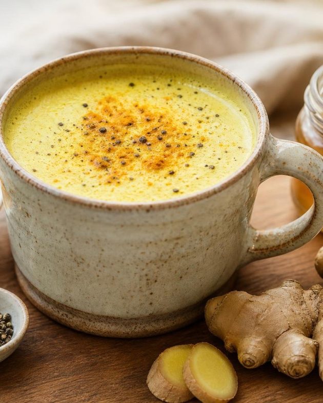 A warm cup of ginger turmeric golden milk latte with a sprinkle of turmeric on top, displayed with fresh ginger and honey on a wooden surface.