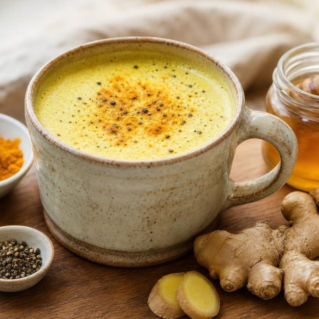 A warm cup of ginger turmeric golden milk latte with a sprinkle of turmeric on top, displayed with fresh ginger and honey on a wooden surface.