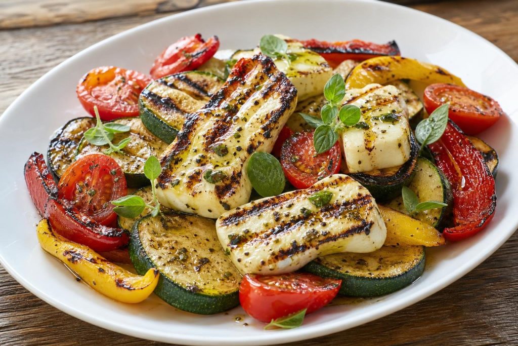 Grilled halloumi cheese with grilled zucchini, bell peppers, cherry tomatoes and fresh herb garnish on a white plate