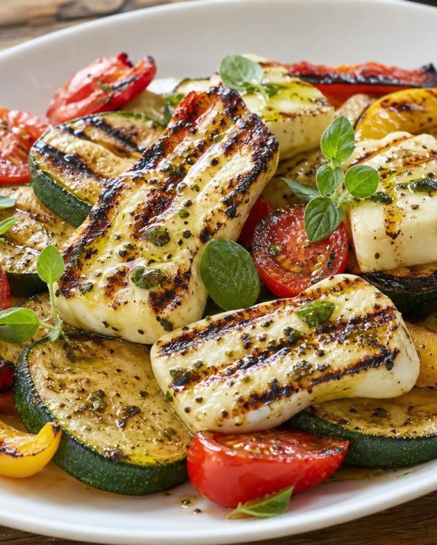 Grilled halloumi cheese with grilled zucchini, bell peppers, cherry tomatoes and fresh herb garnish on a white plate