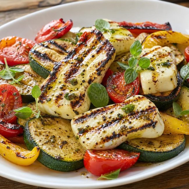 Grilled halloumi cheese with grilled zucchini, bell peppers, cherry tomatoes and fresh herb garnish on a white plate