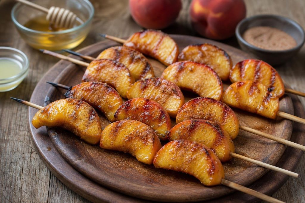 Grilled peach skewers brushed with honey and sprinkled with cinnamon sugar on a wooden platter with visible grill marks.