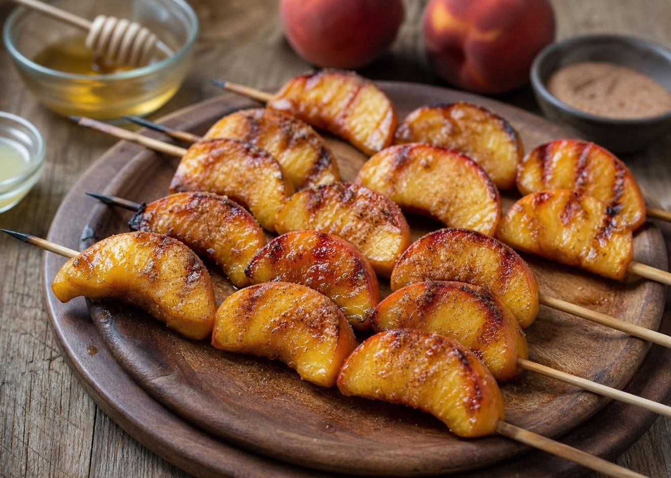 Grilled peach skewers brushed with honey and sprinkled with cinnamon sugar on a wooden platter with visible grill marks.