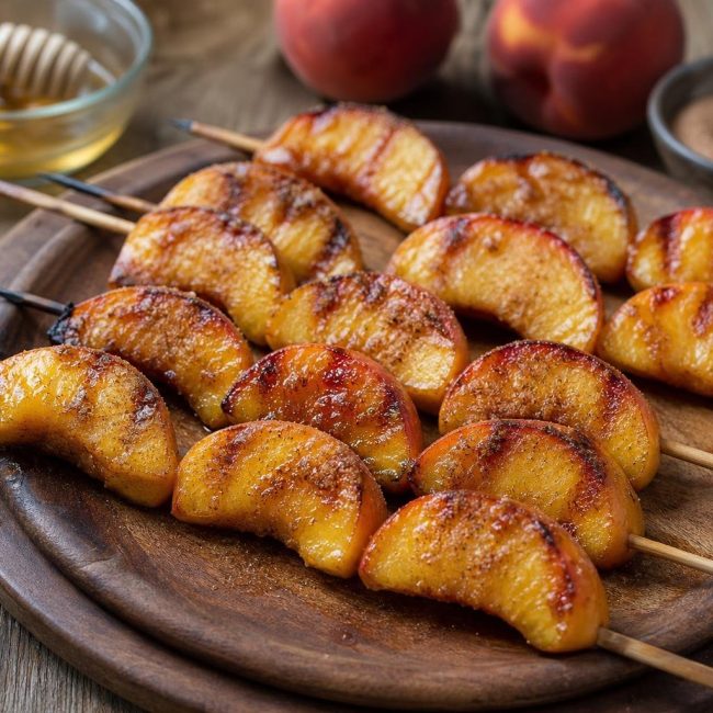 Grilled peach skewers brushed with honey and sprinkled with cinnamon sugar on a wooden platter with visible grill marks.