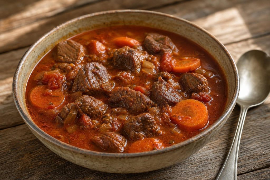 Bowl of Hungarian beef goulash with paprika-coated beef chunks and sliced carrots