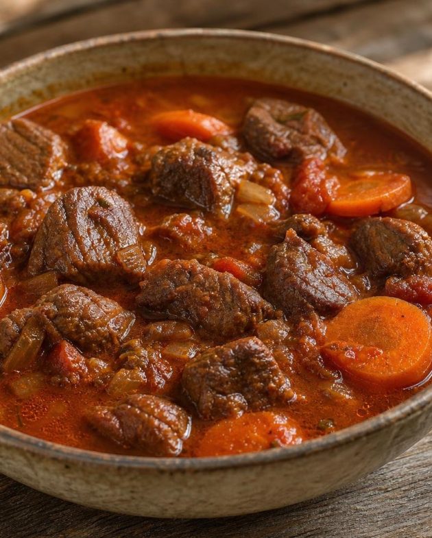Bowl of Hungarian beef goulash with paprika-coated beef chunks and sliced carrots
