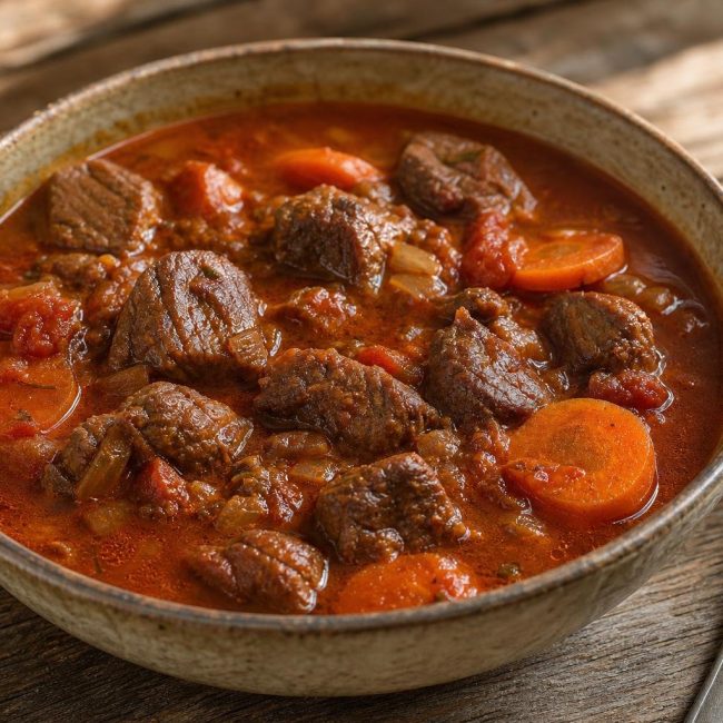 Bowl of Hungarian beef goulash with paprika-coated beef chunks and sliced carrots