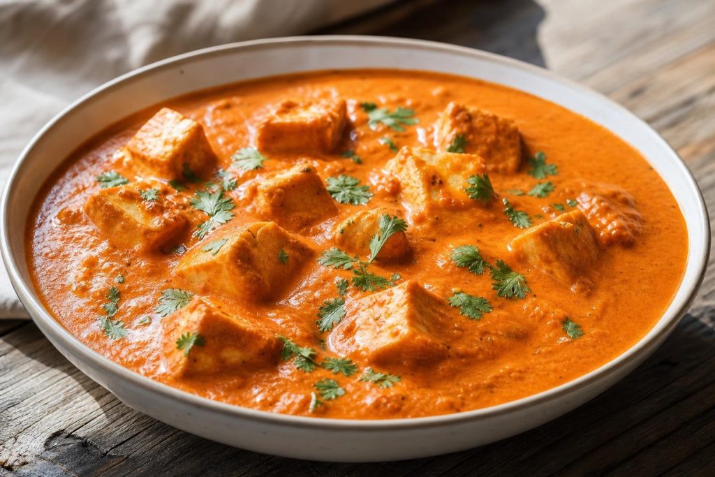 Indian Butter Paneer in creamy tomato sauce garnished with cilantro in a bowl