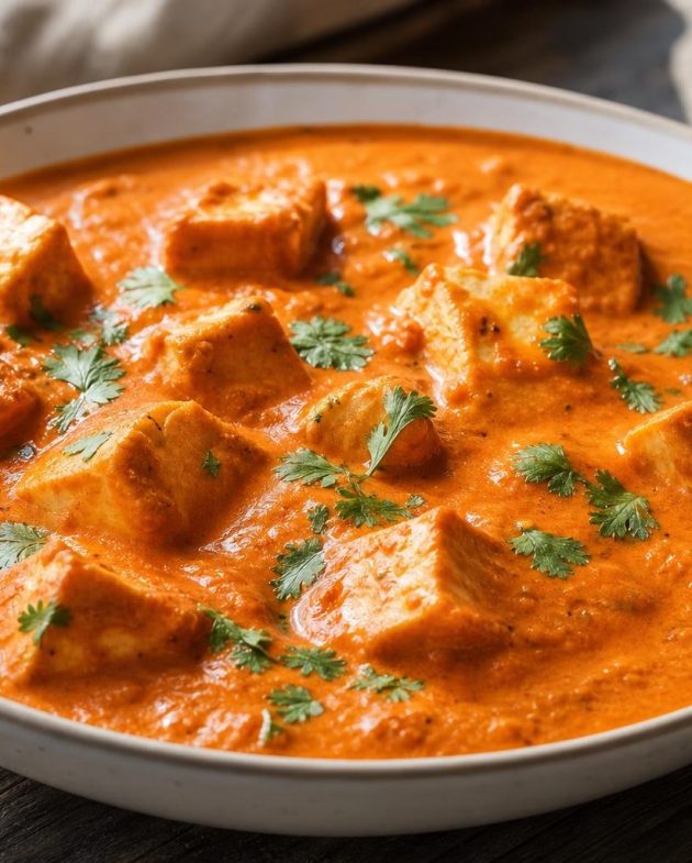 Indian Butter Paneer in creamy tomato sauce garnished with cilantro in a bowl