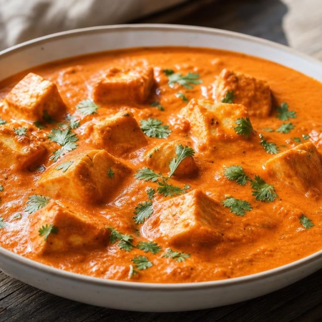 Indian Butter Paneer in creamy tomato sauce garnished with cilantro in a bowl