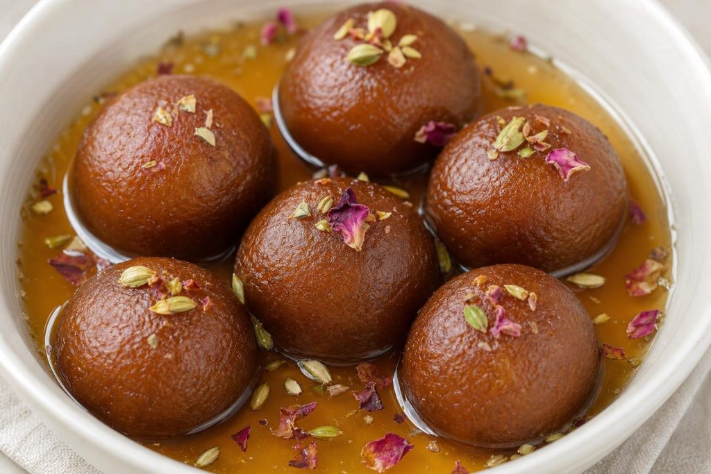 Indian gulab jamun balls in cardamom syrup in a white bowl