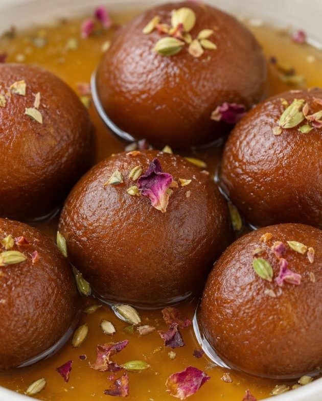 Indian gulab jamun balls in cardamom syrup in a white bowl