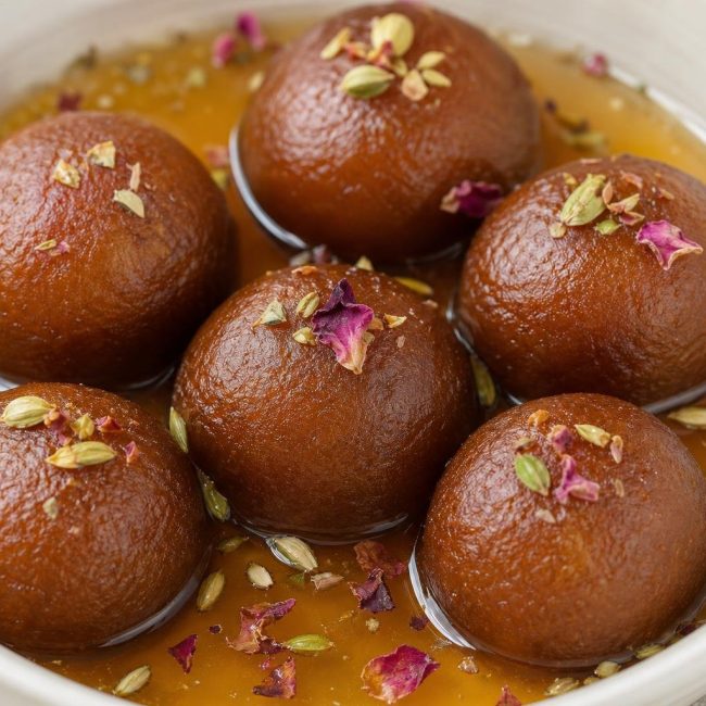 Indian gulab jamun balls in cardamom syrup in a white bowl