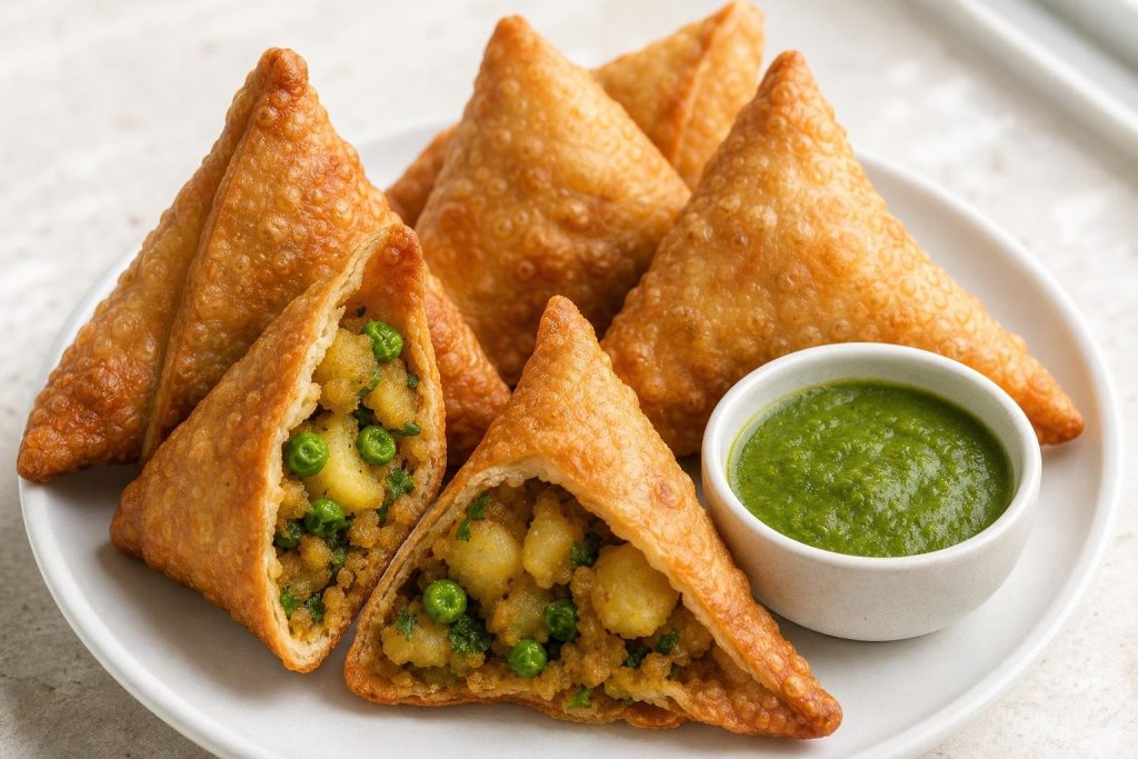 Plate of golden crispy Indian samosa triangles with spiced potato filling accompanied by green chutney.