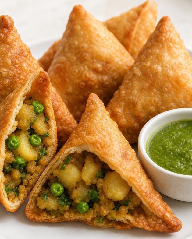 Plate of golden crispy Indian samosa triangles with spiced potato filling accompanied by green chutney.