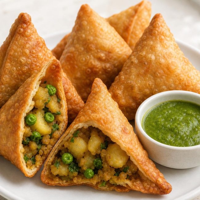 Plate of golden crispy Indian samosa triangles with spiced potato filling accompanied by green chutney.