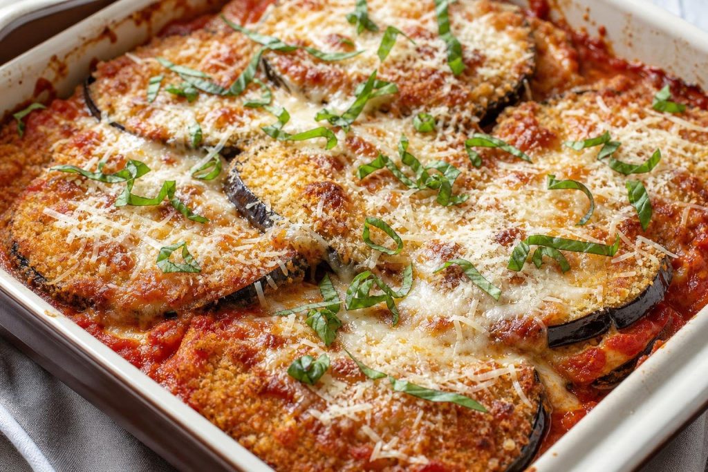 Baked Italian eggplant parmesan casserole with layers of breaded eggplant, tomato sauce, melted cheeses, and fresh basil garnish.