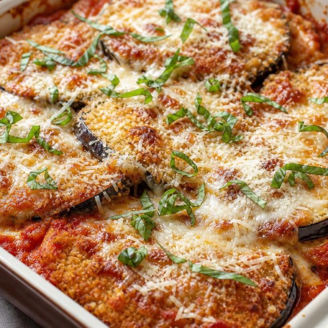 Baked Italian eggplant parmesan casserole with layers of breaded eggplant, tomato sauce, melted cheeses, and fresh basil garnish.