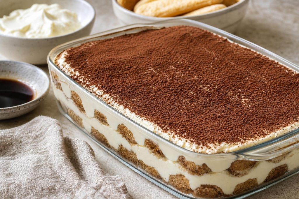 Classic Italian tiramisu dessert with layers of espresso-soaked ladyfingers and mascarpone cream dusted with cocoa powder in a glass dish.
