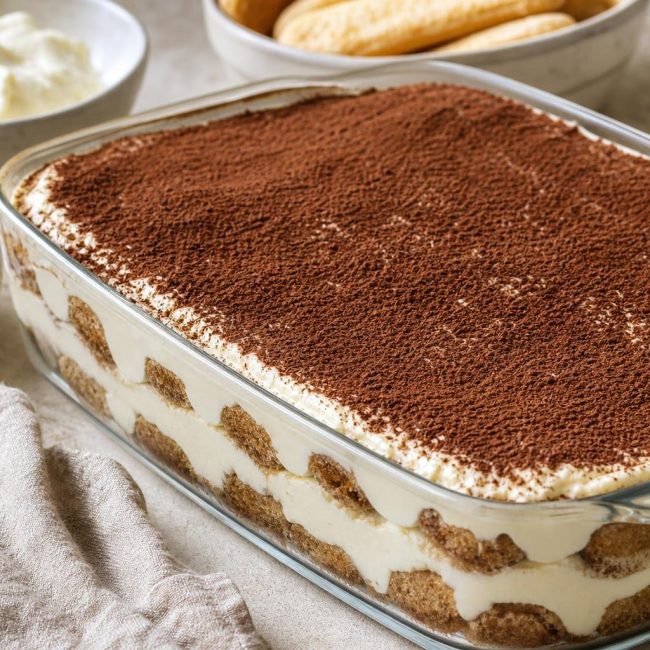 Classic Italian tiramisu dessert with layers of espresso-soaked ladyfingers and mascarpone cream dusted with cocoa powder in a glass dish.