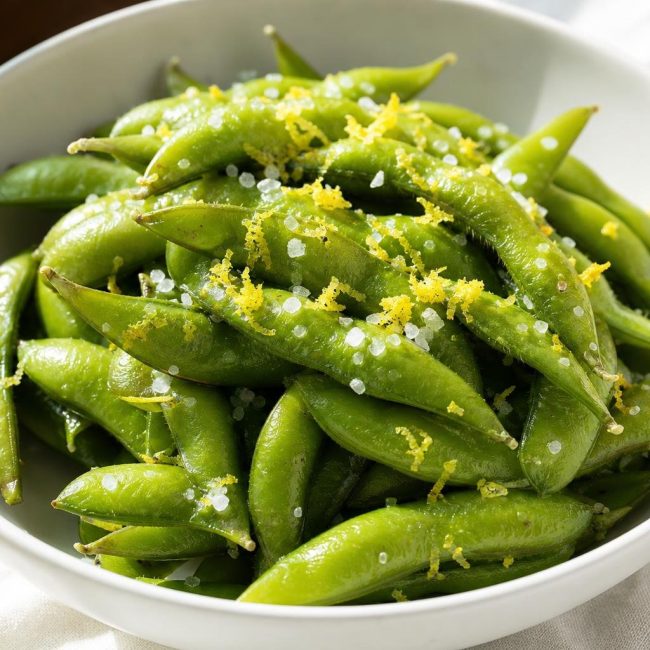 Steamed Japanese edamame pods sprinkled with sea salt and lemon zest in a white bowl