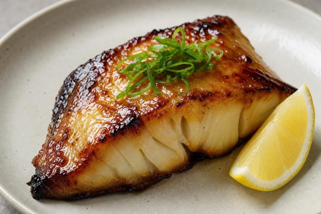 Japanese Miso-Glazed Black Cod with caramelized glaze and green onion garnish on a white plate