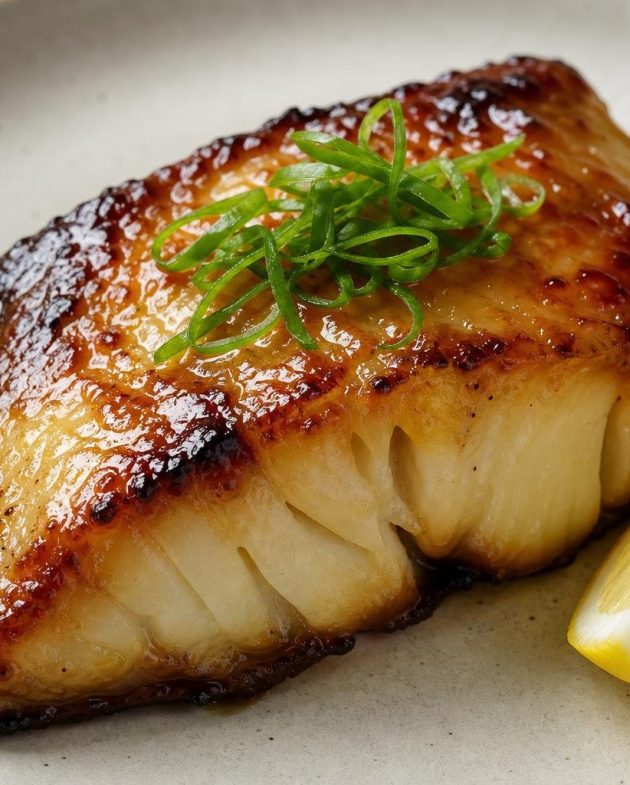 Japanese Miso-Glazed Black Cod with caramelized glaze and green onion garnish on a white plate