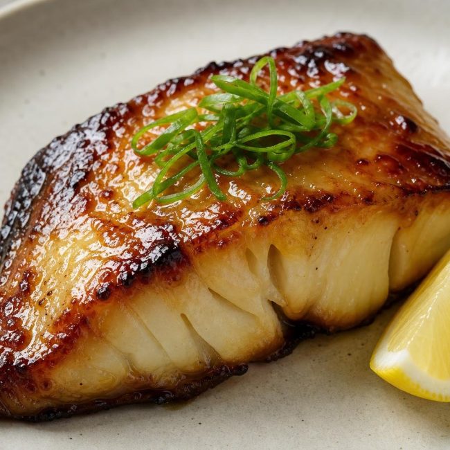 Japanese Miso-Glazed Black Cod with caramelized glaze and green onion garnish on a white plate