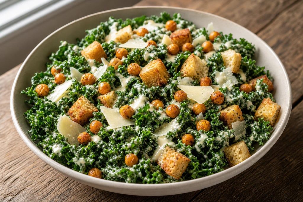 Bowl of kale Caesar salad topped with roasted chickpeas, parmesan shavings, and croutons