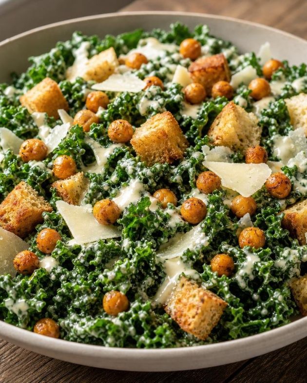 Bowl of kale Caesar salad topped with roasted chickpeas, parmesan shavings, and croutons
