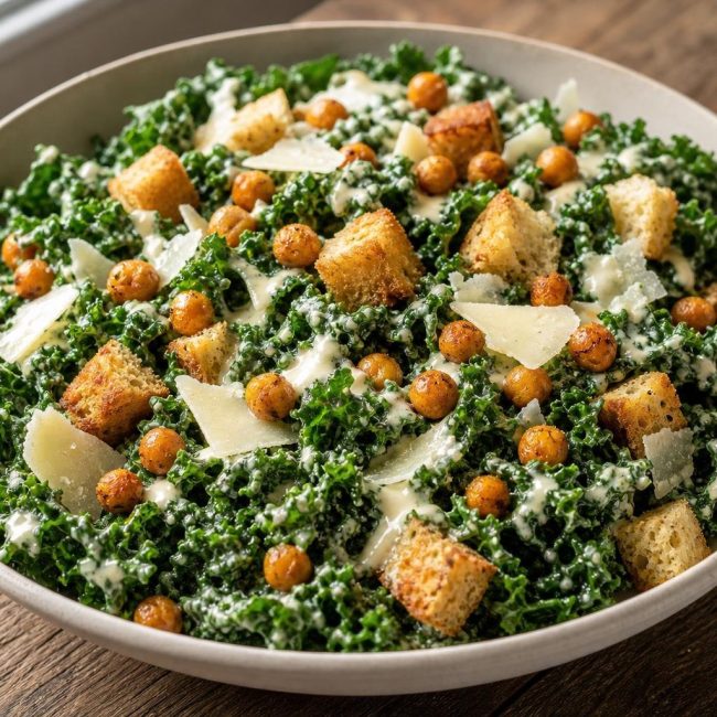Bowl of kale Caesar salad topped with roasted chickpeas, parmesan shavings, and croutons