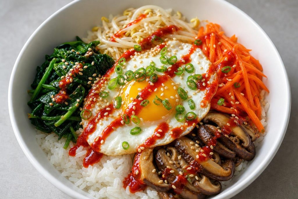 Colorful Korean bibimbap bowl with vegetables, fried egg, and spicy gochujang sauce