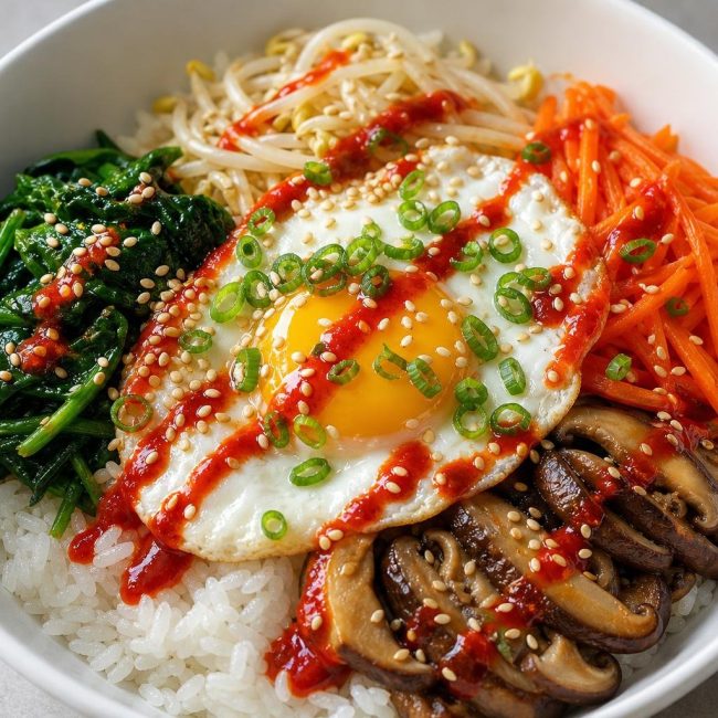 Colorful Korean bibimbap bowl with vegetables, fried egg, and spicy gochujang sauce