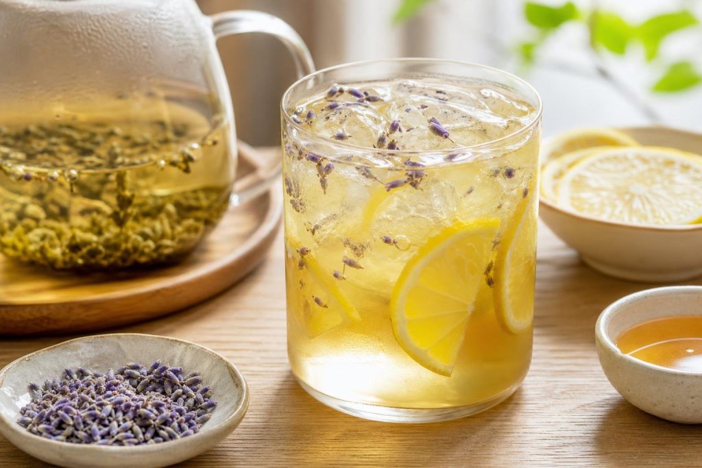 Glass of lavender and honey iced green tea garnished with lemon slices and ice cubes