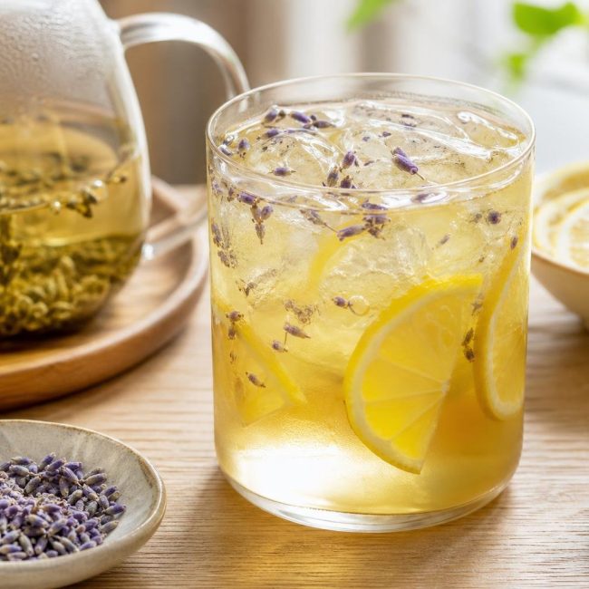 Glass of lavender and honey iced green tea garnished with lemon slices and ice cubes