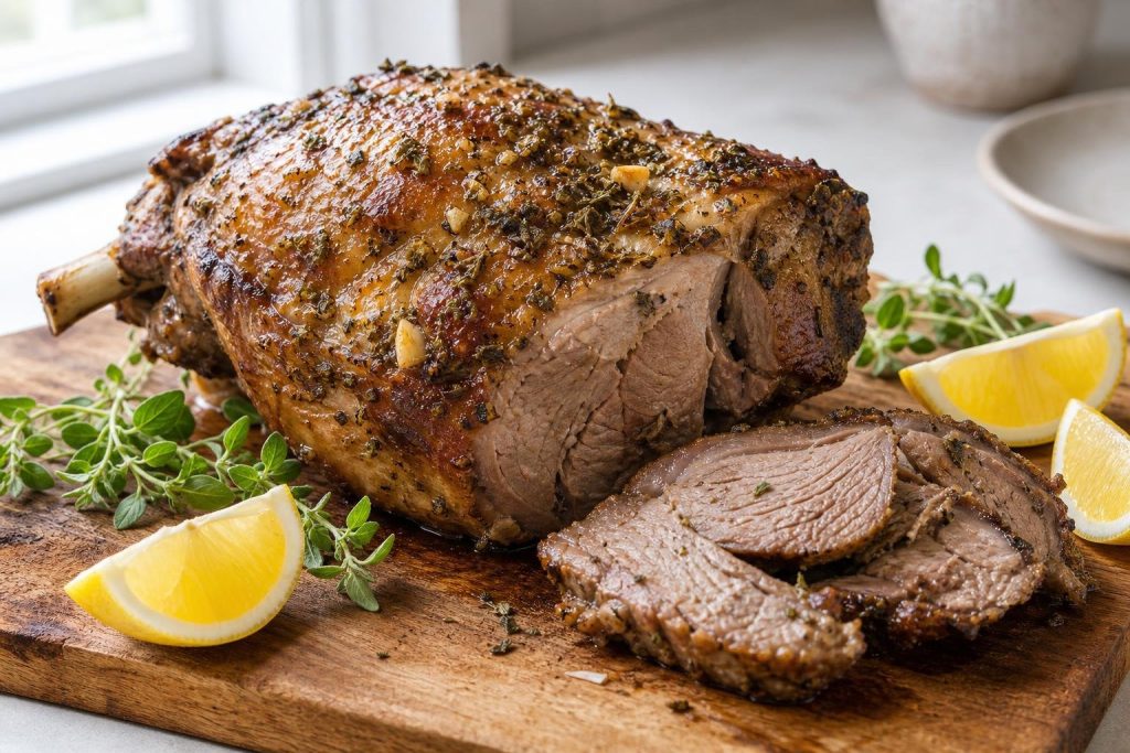 Greek lemon oregano roasted lamb shoulder with lemon wedges and fresh oregano on a wooden cutting board.