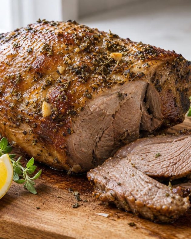 Greek lemon oregano roasted lamb shoulder with lemon wedges and fresh oregano on a wooden cutting board.