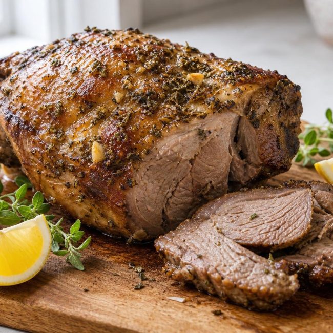 Greek lemon oregano roasted lamb shoulder with lemon wedges and fresh oregano on a wooden cutting board.