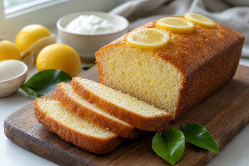 Sliced lemon yogurt loaf cake with lemon zest and garnish on a wooden board in natural light.