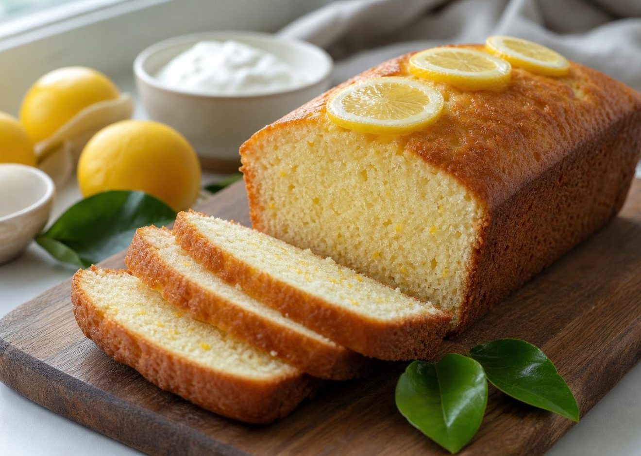 Sliced lemon yogurt loaf cake with lemon zest and garnish on a wooden board in natural light.