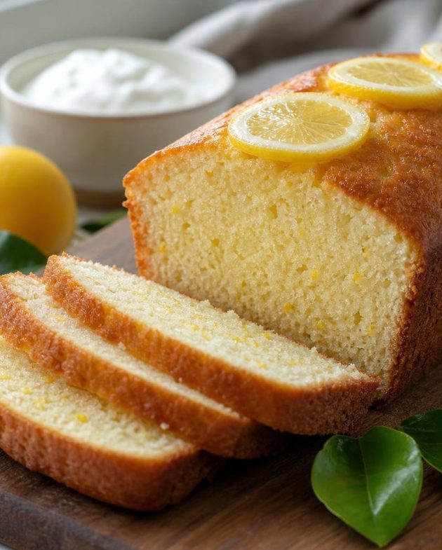 Sliced lemon yogurt loaf cake with lemon zest and garnish on a wooden board in natural light.