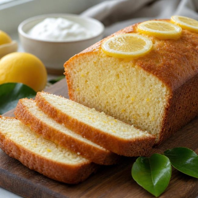 Sliced lemon yogurt loaf cake with lemon zest and garnish on a wooden board in natural light.
