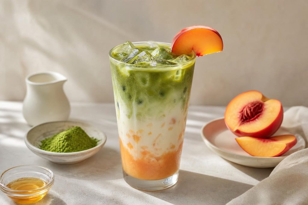 Glass of matcha and peach iced latte with ice and peach garnish